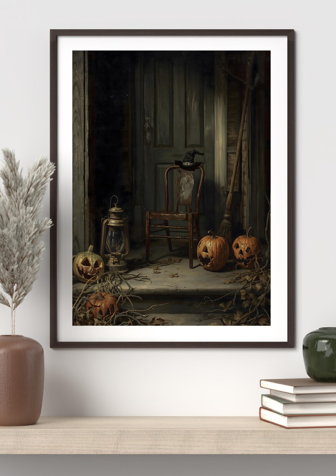 Vintage Halloween Pumpkin Porch Art Witch Hat Jackolanterns Gothic Spooky Wall Print