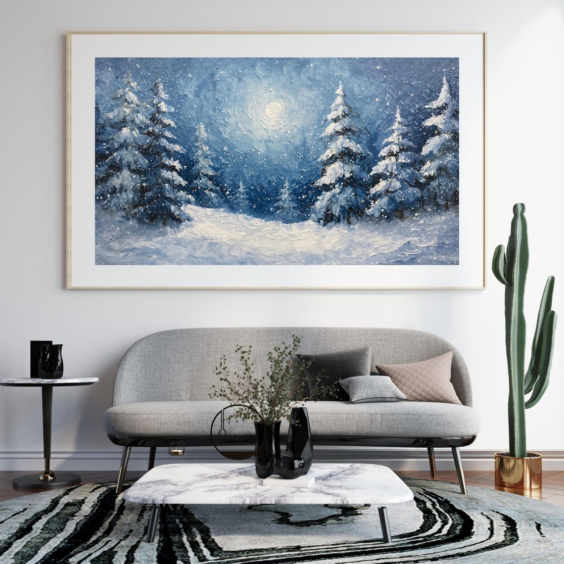 Moonlit Winter Wonderland Snowy Pine Forest Landscape Art Poster