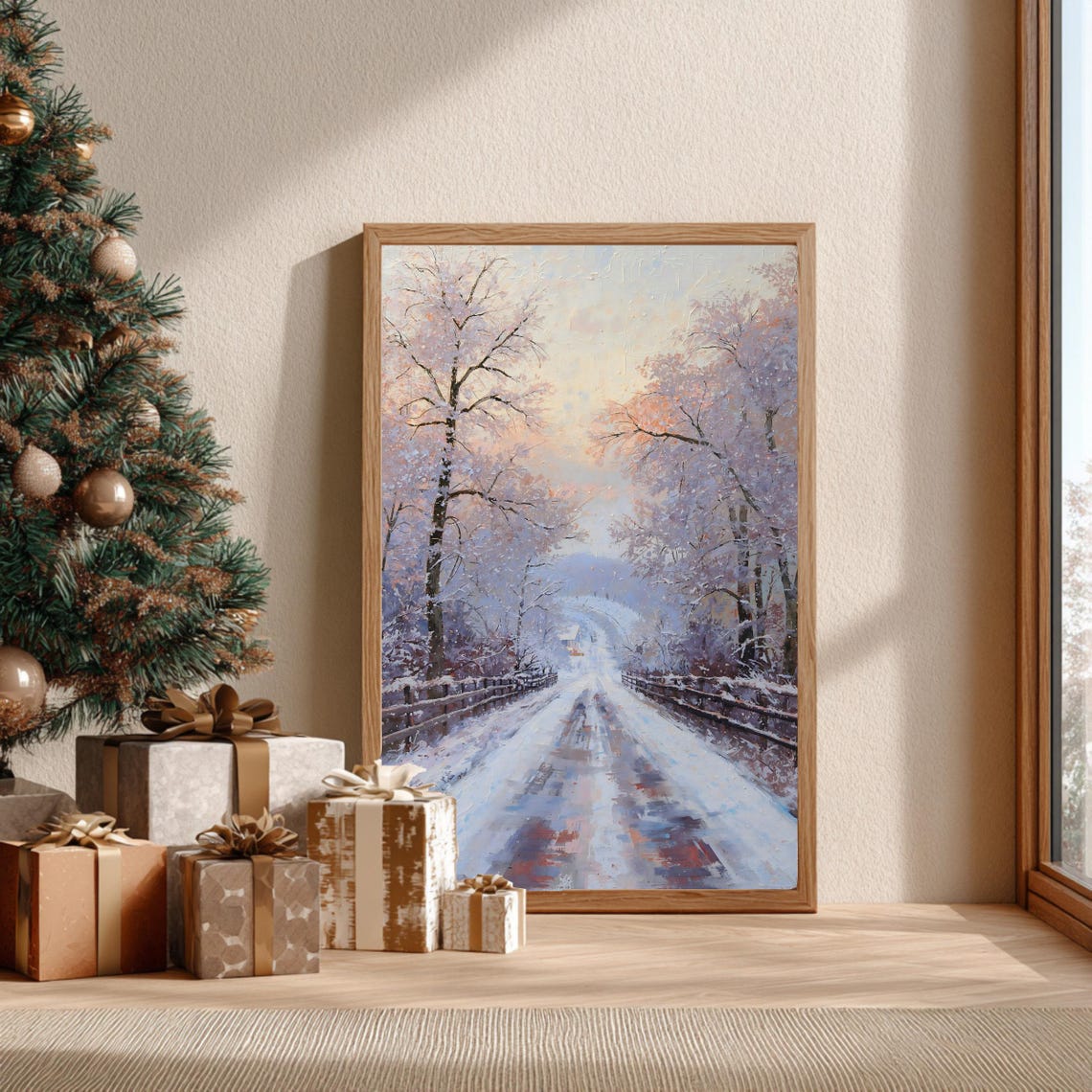 Snowy Winter Road Bridge Through Frosted Trees Impressionist Poster