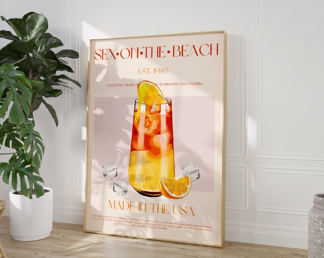 Sex on the Beach Cocktail Recipe Est 1980 Vintage Bar Cart Poster