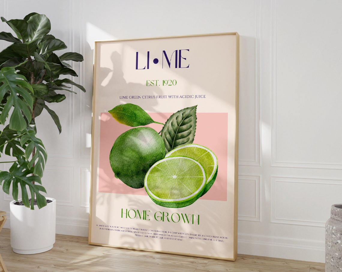 Fresh Lime Green Citrus Mid Century Botanical Kitchen Poster