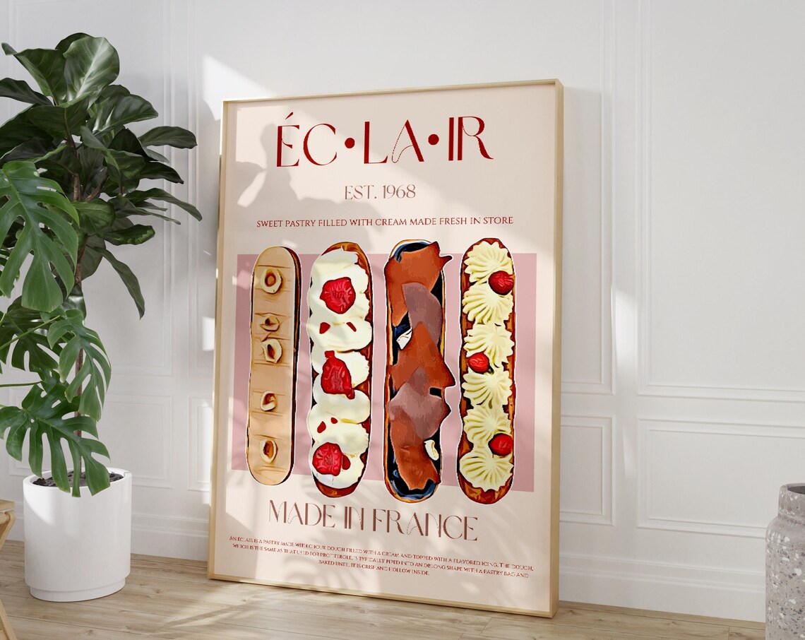 Eclair French Pastry Vintage Style Food Poster Made in France Est 1968