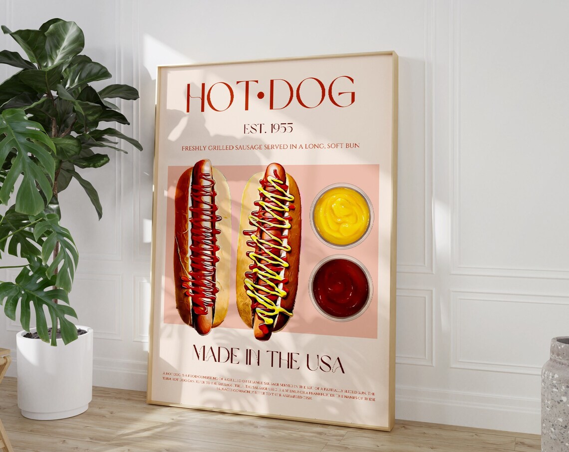 Hot Dog Print, Retro Kitchen Food Art Print