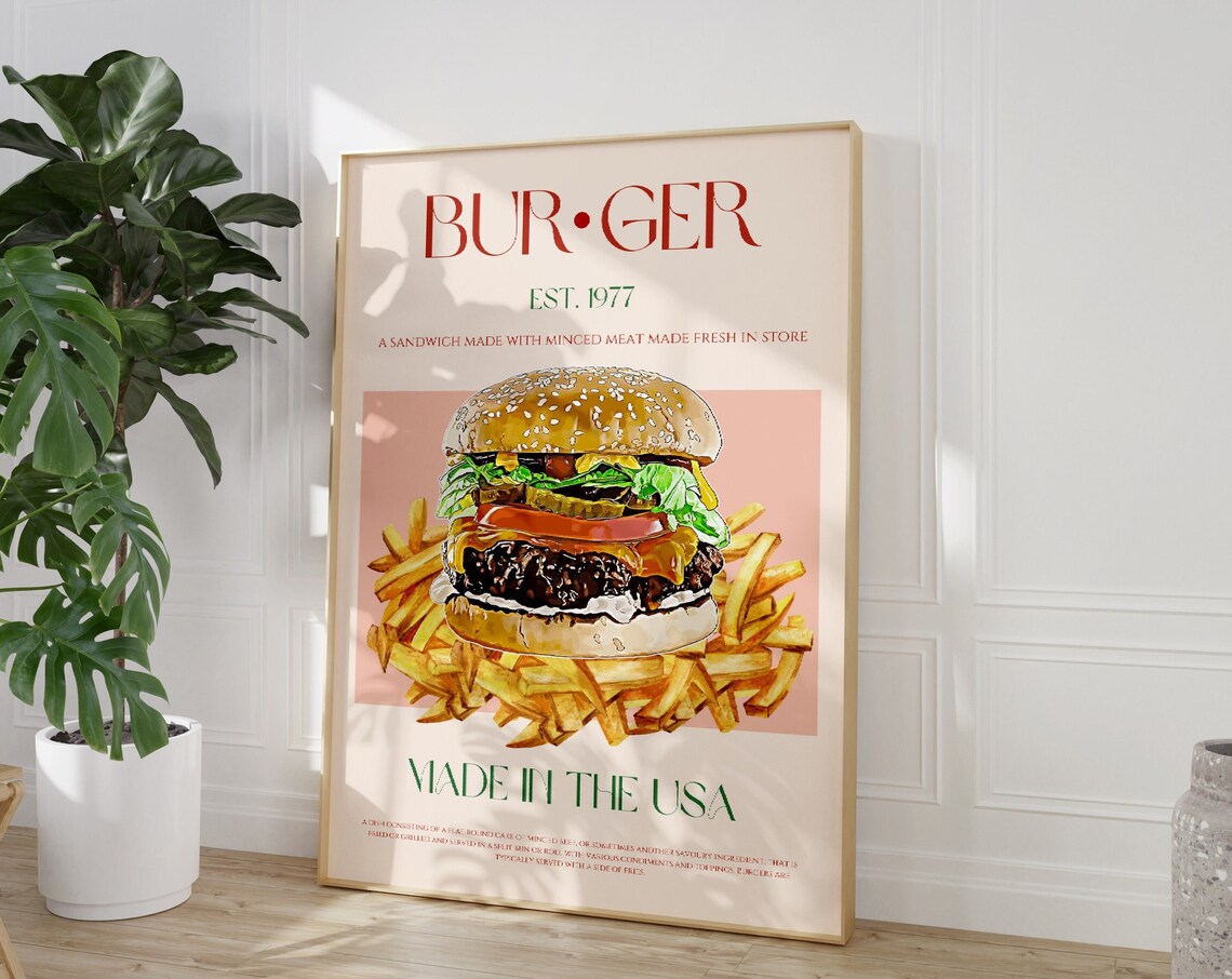 Burger Print, Mid Century Modern Kitchen Poster