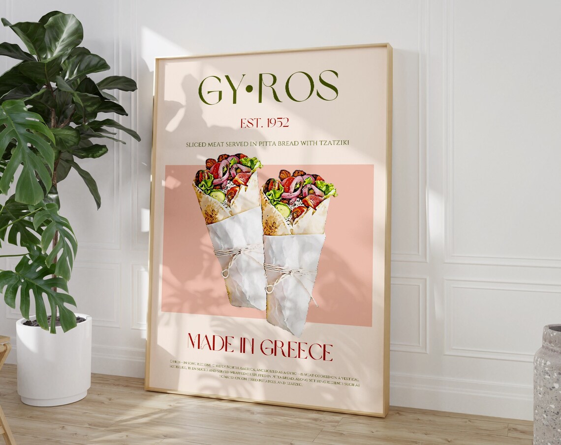 Gyros Food Print, Retro Greece Kitchen Art Poster