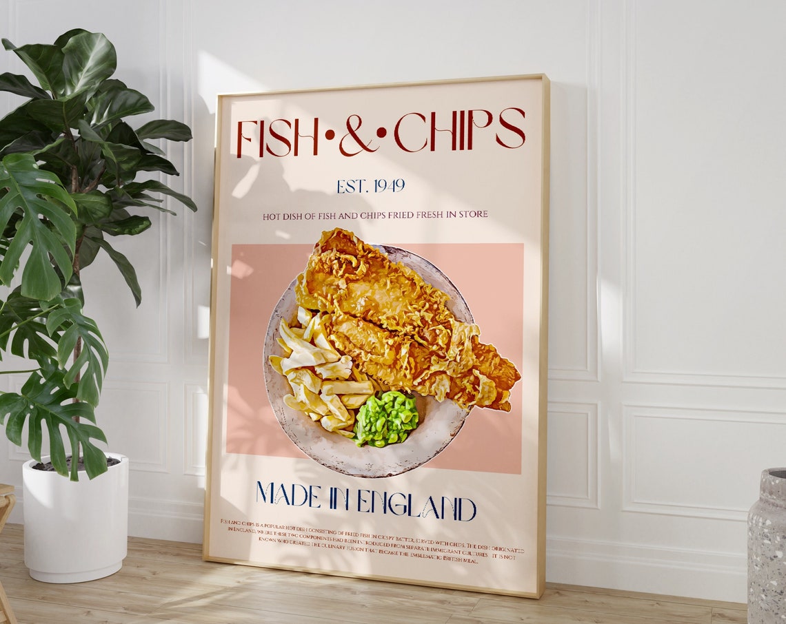 Fish and Chips Vintage Style Food Poster Made in England Est 1949