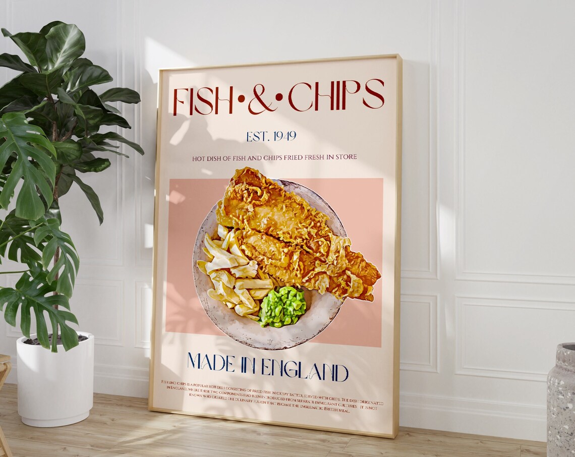 Fish Chips Print Exhibition Kitchen Poster Large Art Mid Century Modern Decor Food