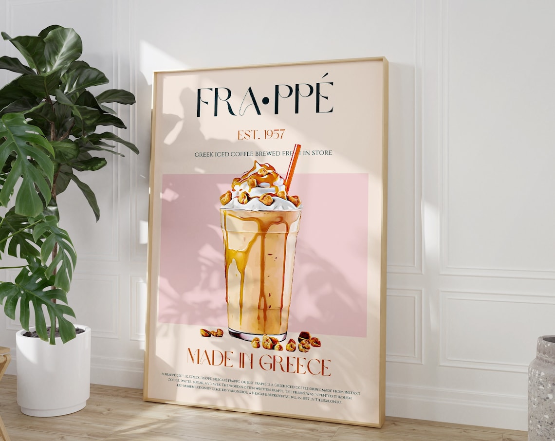Greek Frappe Iced Coffee Mid Century Modern Kitchen Food Poster