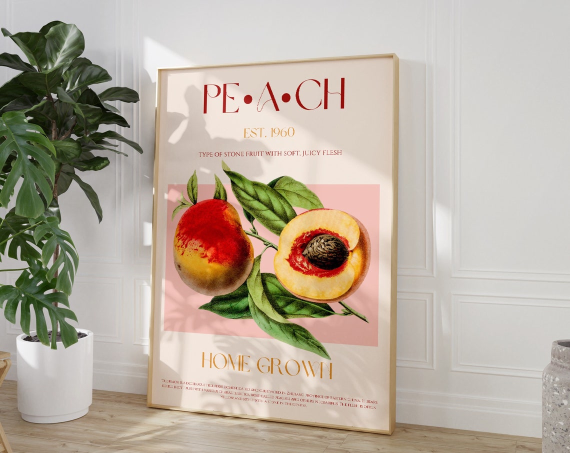 Juicy Peach Stone Fruit Mid Century Botanical Kitchen Poster