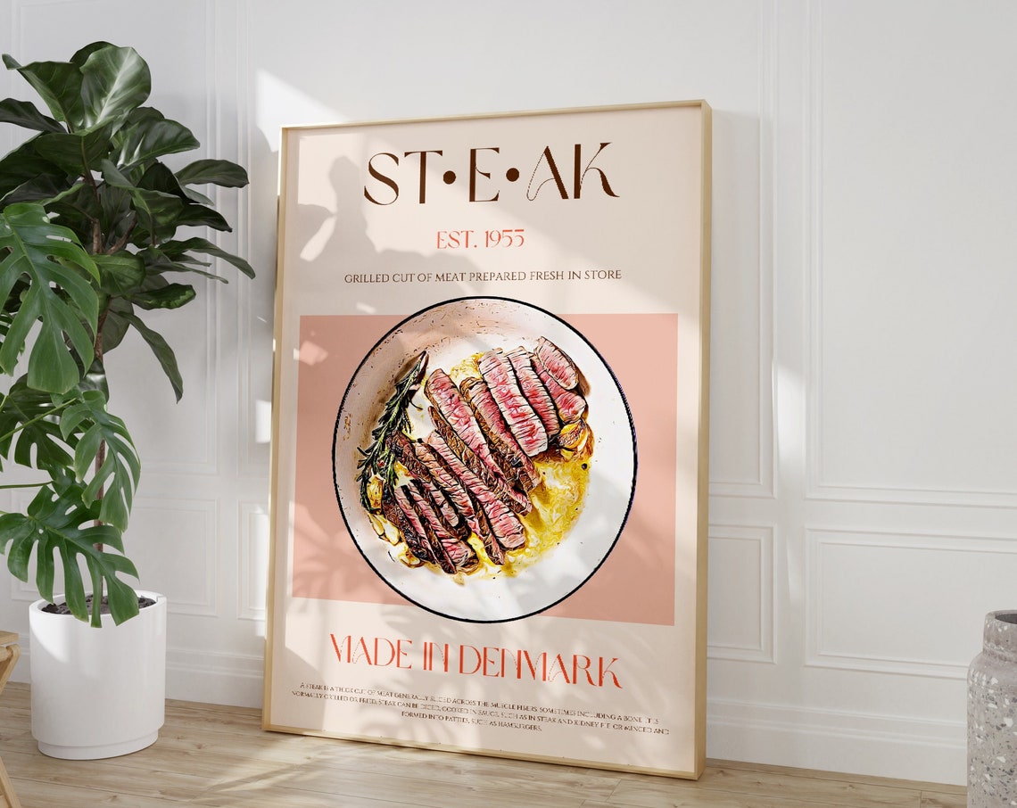 Steak Vintage Style Food Poster Grilled Cut Made in Denmark Est 1955