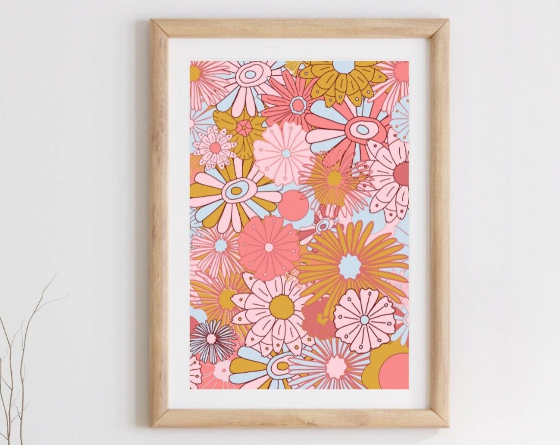 Retro 60s 70s Pink Blue Floral Wall Art Print - Image 4