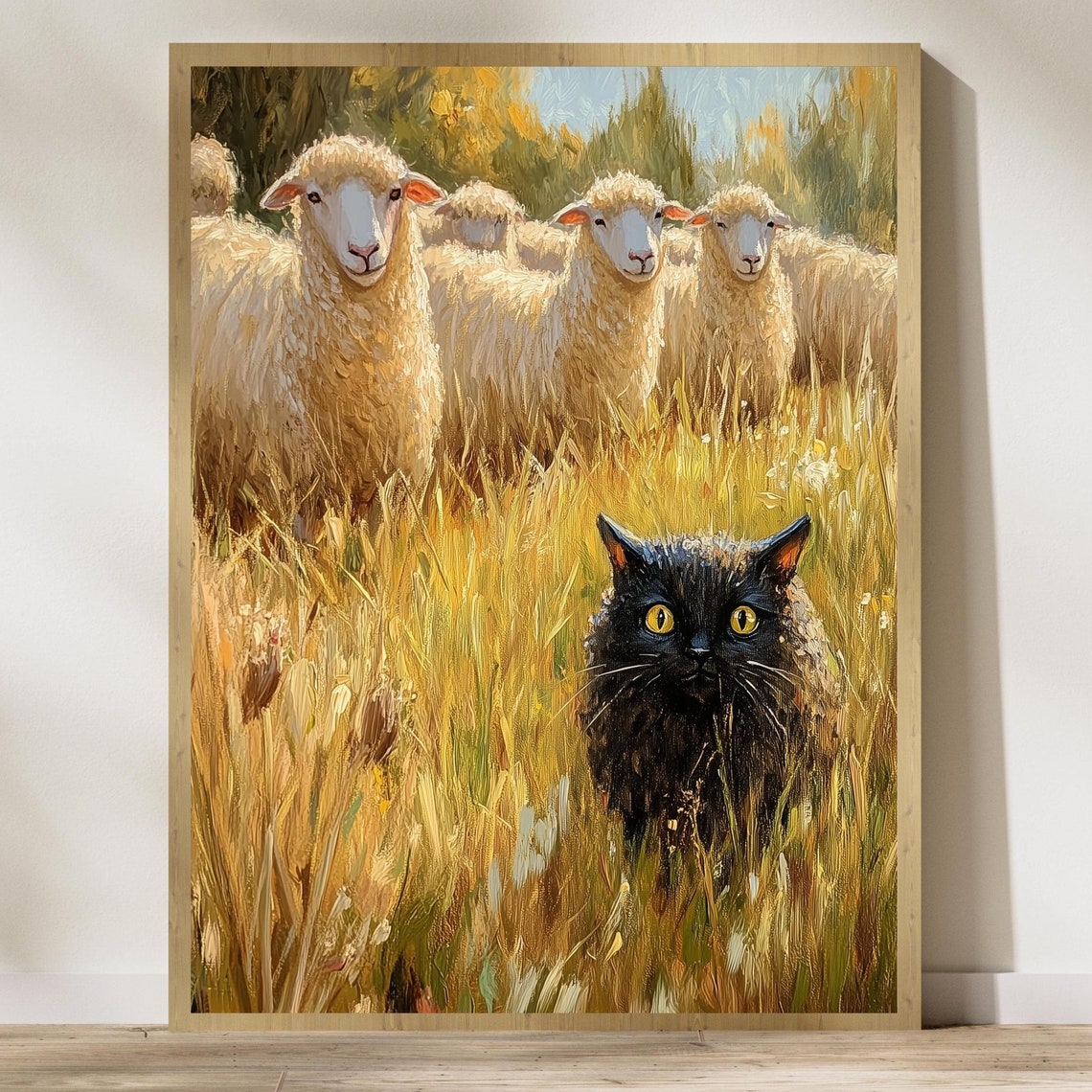 Black Cat Among Sheep Funny Poster Wheat Field Farm Scene Humor Art