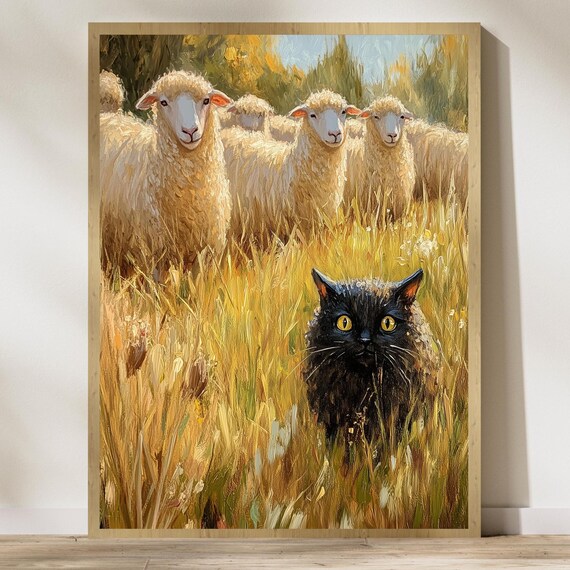 Black Cat Among Sheep Funny Poster Wheat Field Farm Scene Humor Art