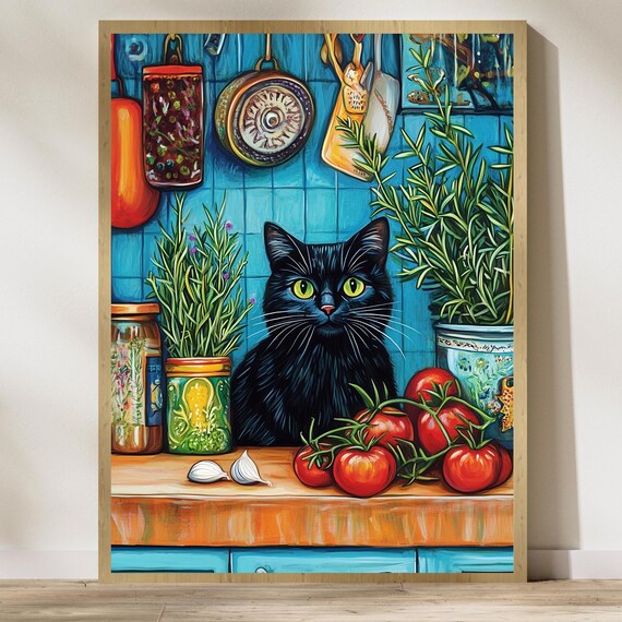 Black Cat Kitchen Scene Poster Colorful Still Life Tomatoes And Herbs