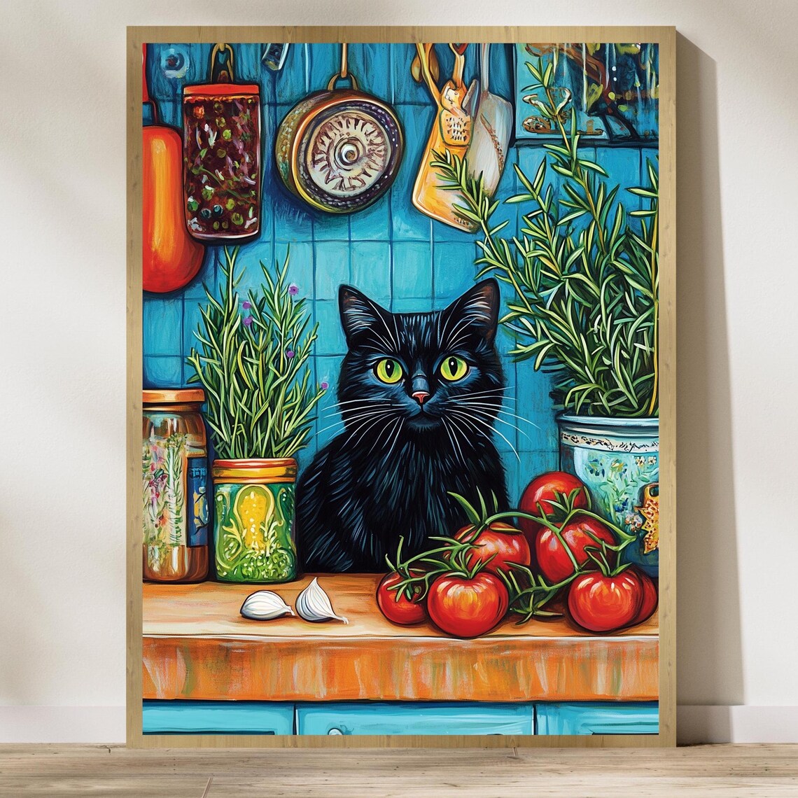 Black Cat Kitchen Scene Poster Colorful Still Life Tomatoes And Herbs