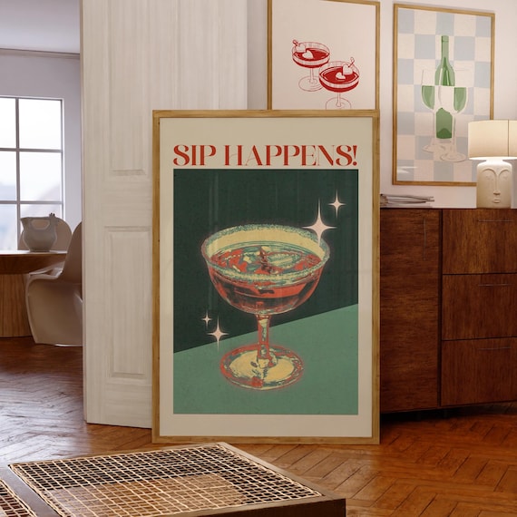 Sip Happens Cocktail Poster Vintage Bar Wall Art Retro Drink Print Funny Alcohol Quote