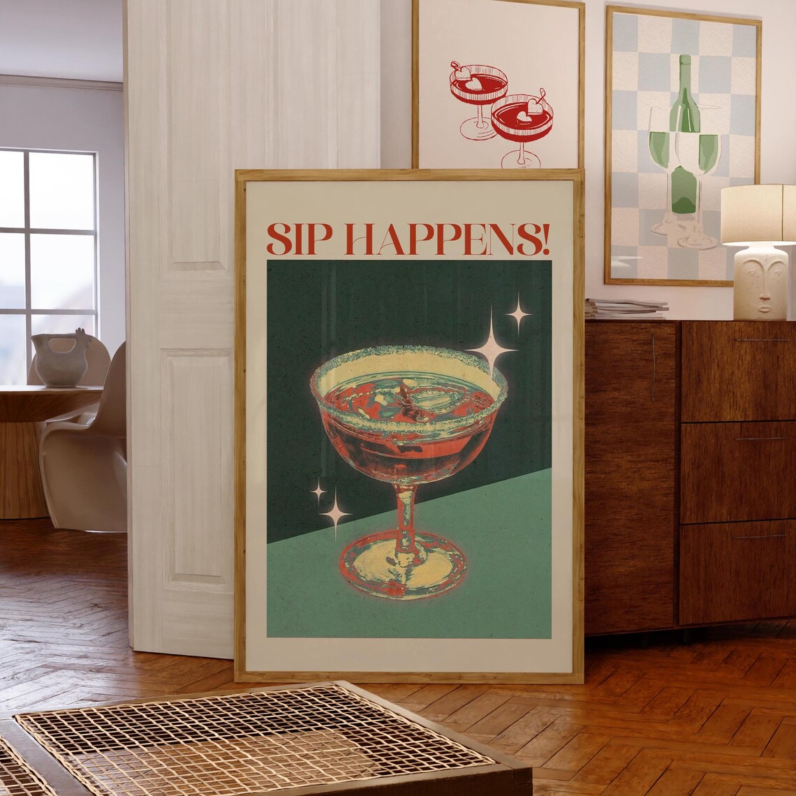 Sip Happens Retro Cocktail Coupe Glass Vintage Bar Decor Poster