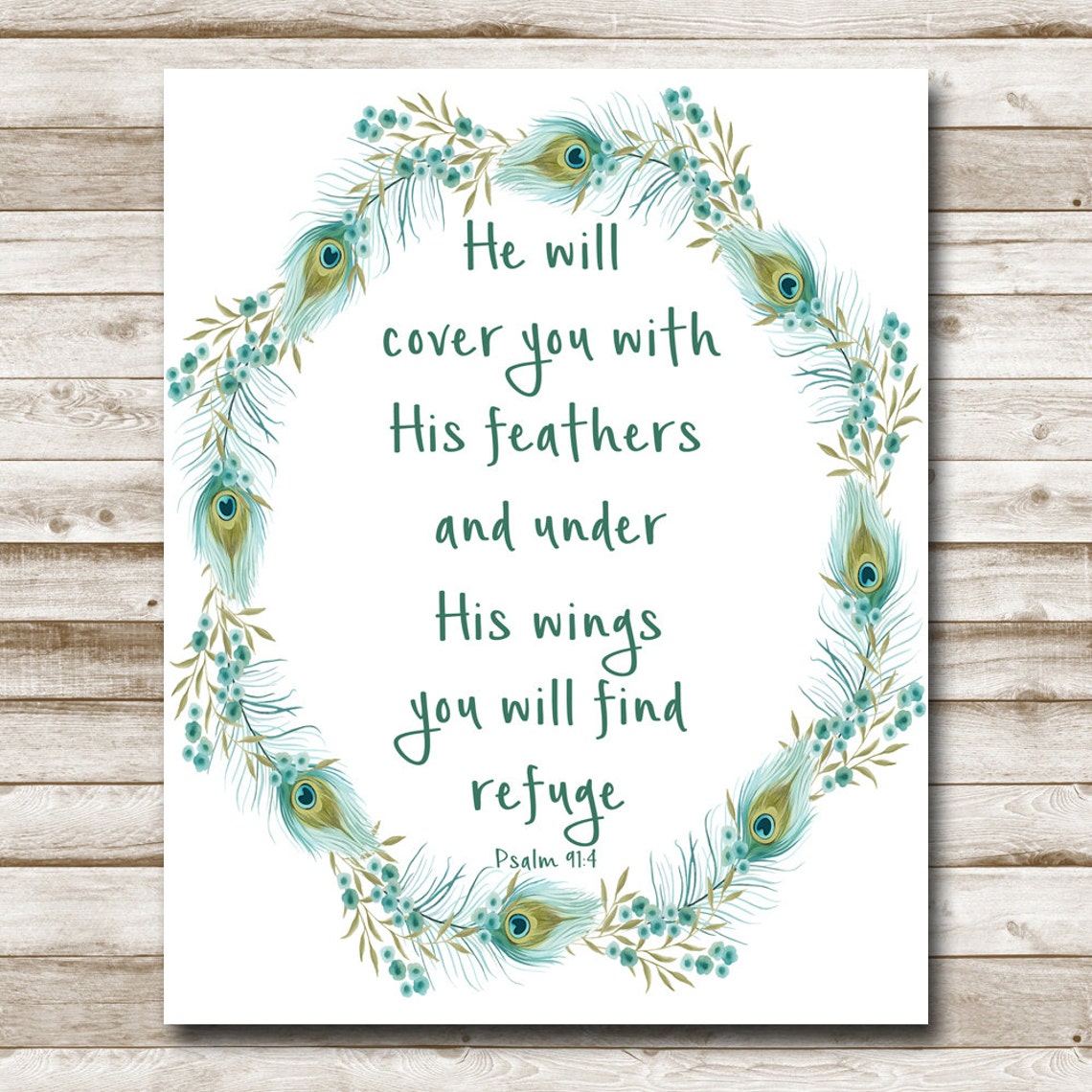 He Will Cover You With His Feathers Psalm 914 Scripture Print Bible Verse Art 5x7 8x10 11x14 16x20 Peacock Feathers Diy Decor - Image 4