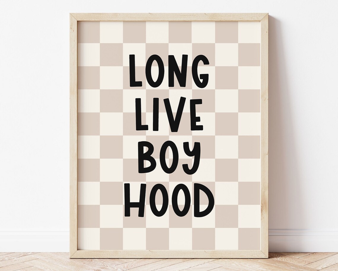 Long Live Boyhood Beige Checkerboard Retro Toddler Boy Room Wall Art
