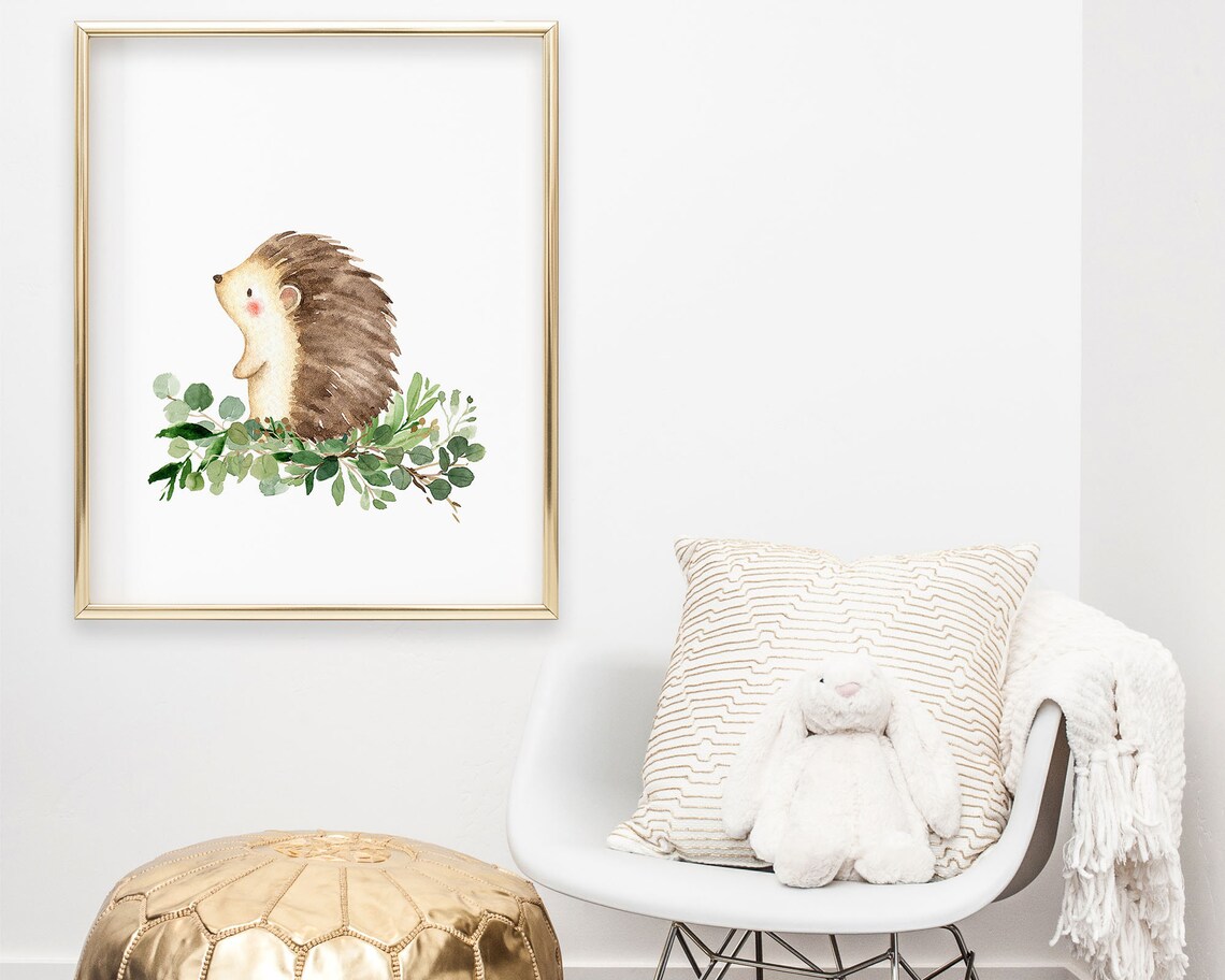 Cute Watercolor Hedgehog Eucalyptus Woodland Nursery Baby Poster - Image 3
