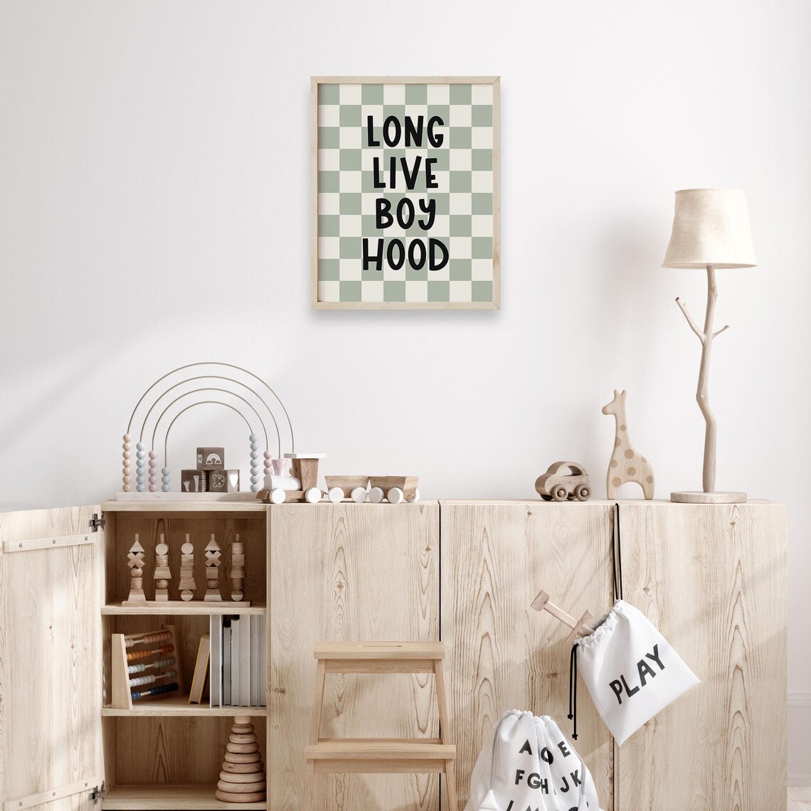 Long Live Boyhood Sage Green Checkerboard Trendy Boys Room Wall Art - Image 3