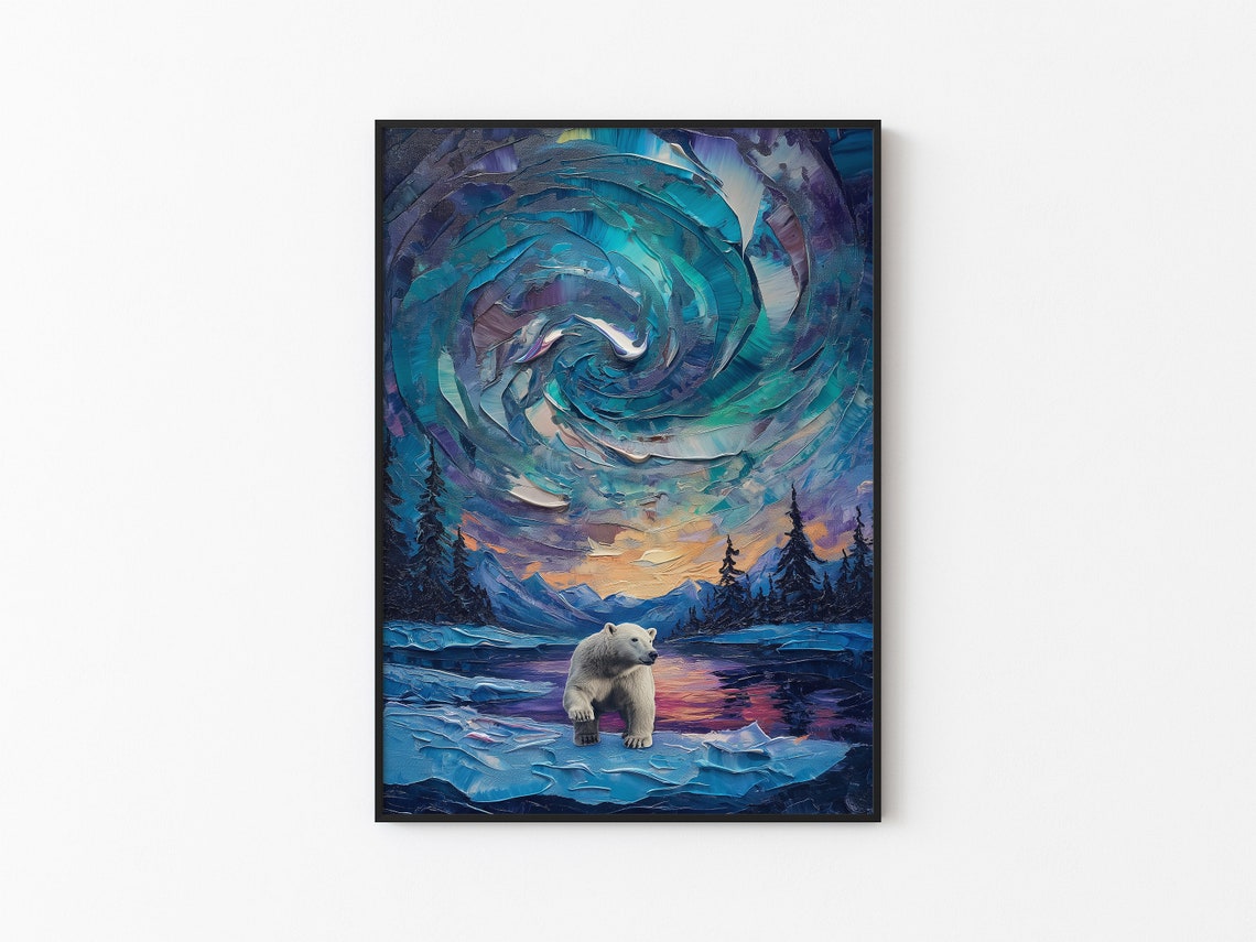 Aurora Borealis Wilderness Northern Lights Instant Art Poster Polar Bear Versatile Sizes Colorful Impasto Print 22