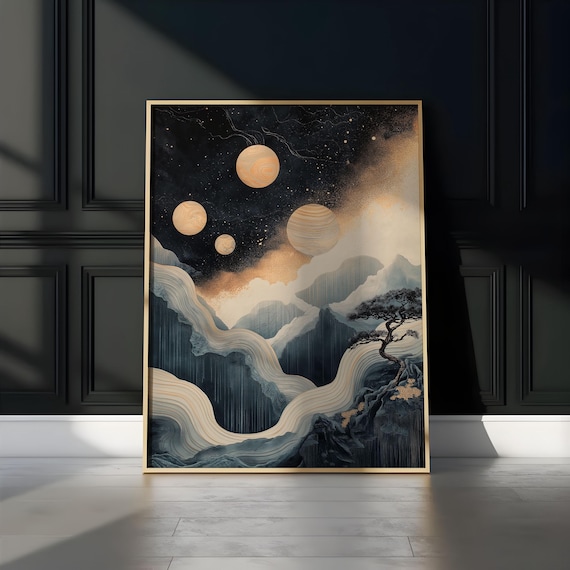 Four Banded Golden Planets Starry Aurora Mountain Night Sky Poster