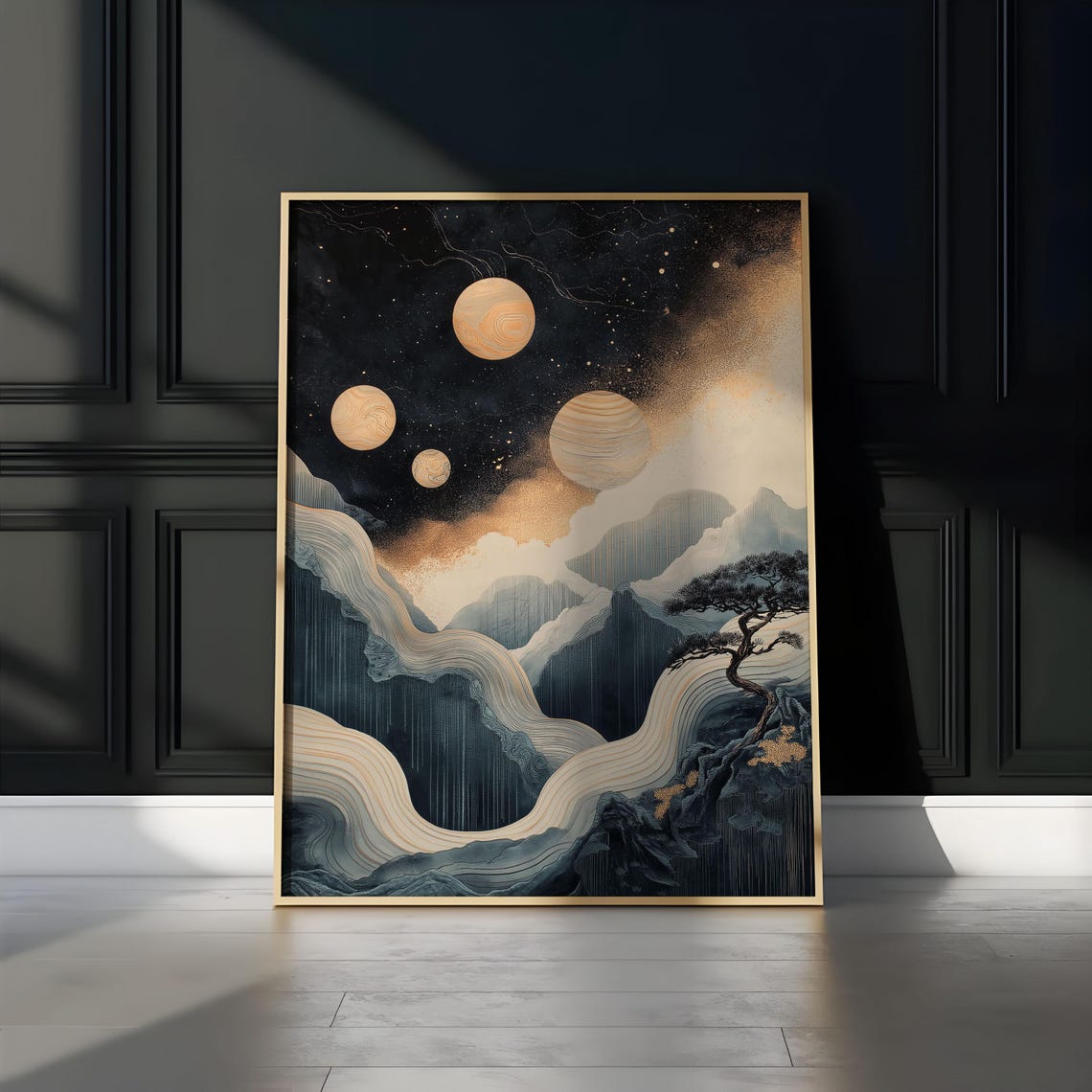 Four Banded Golden Planets Starry Aurora Mountain Night Sky Poster
