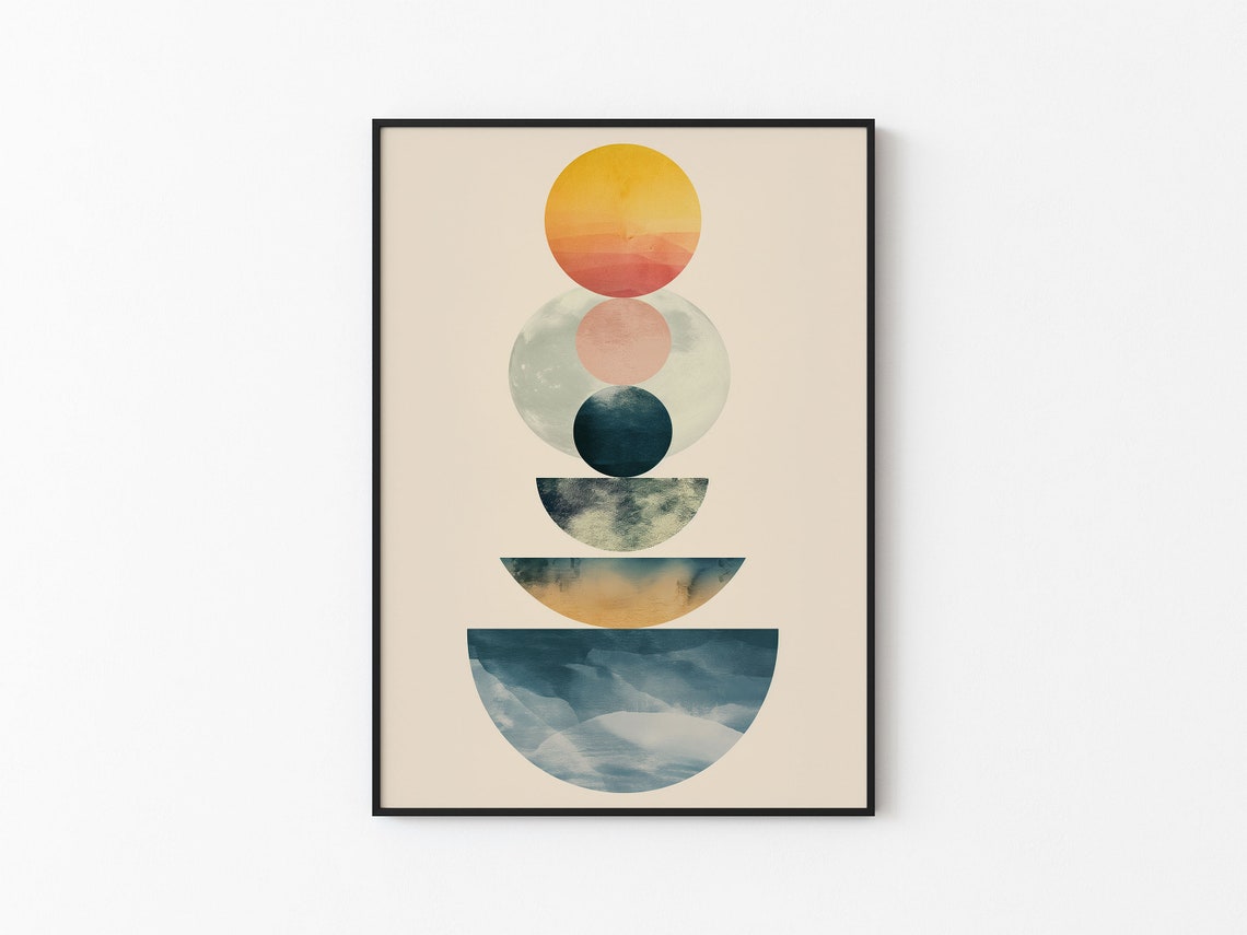 Sun Over Moon Sunset Half Circle Horizon Watercolor Wall Art