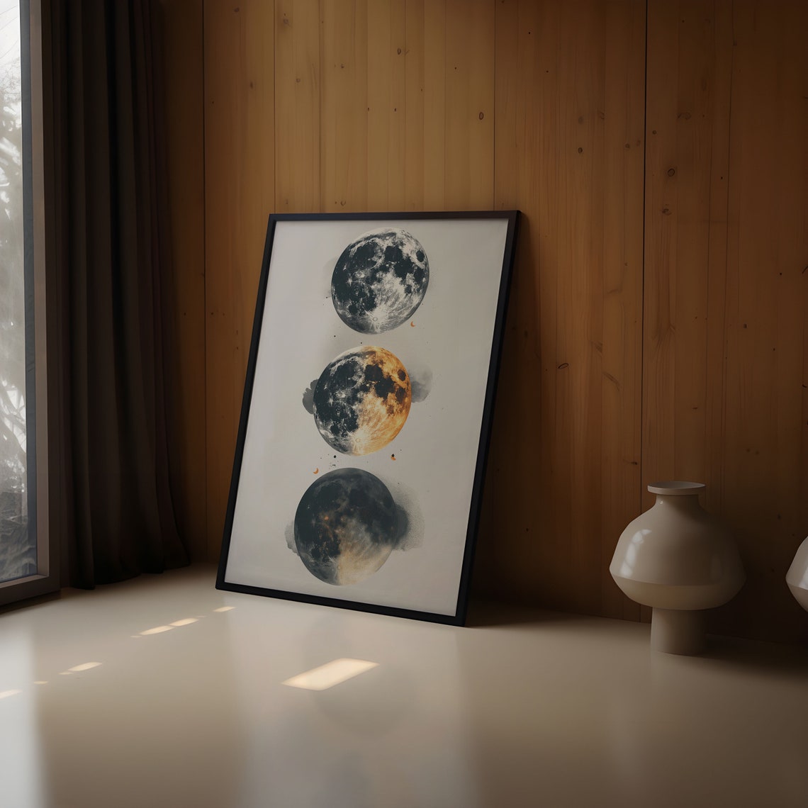 Three Large Moons Stacked Gold Black Cream Abstract Art Poster - Image 2