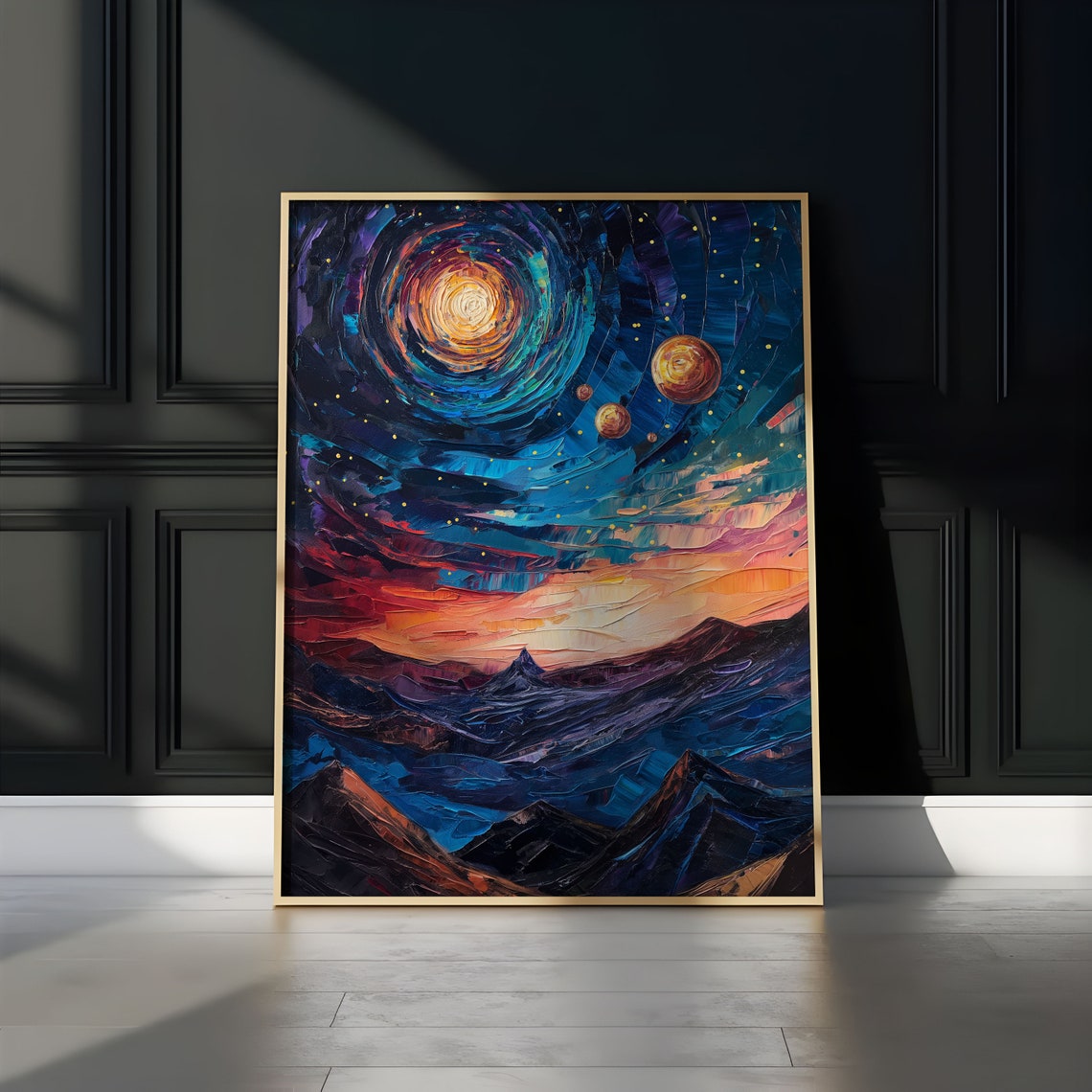 Blue Orange Spiral Galaxy Purple Mountains Gold Planets Poster - Image 2