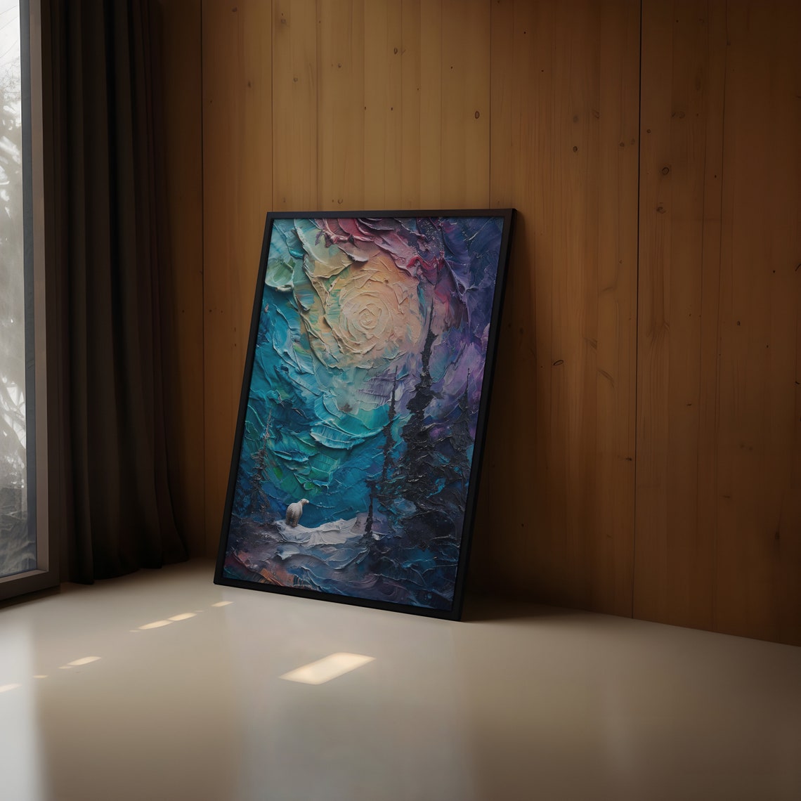 Lone Polar Bear on Snowy Cliff Under Pastel Aurora Swirl Poster - Image 2