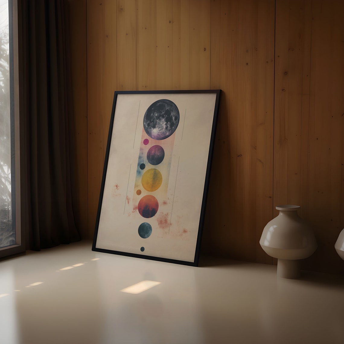 Detailed Moon Phase Watercolor Planet Column Beige Abstract Print - Image 2