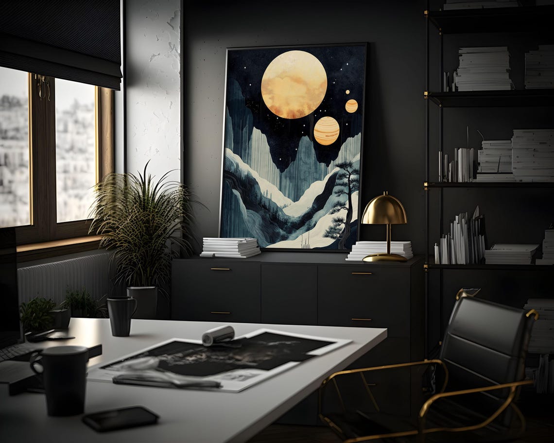 Amber Moons Snowy Mountain Valley Pine Winter Night Sky Poster - Image 2