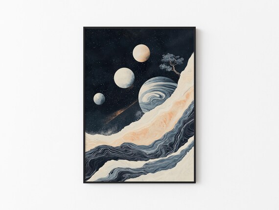 Three Moons Gas Giant Marble Sea Pine Cosmic Landscape Night Poster