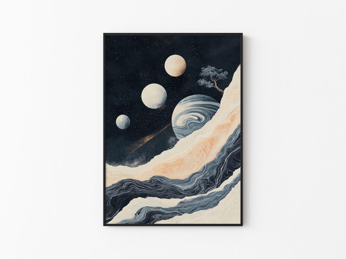 Three Moons Gas Giant Marble Sea Pine Cosmic Landscape Night Poster