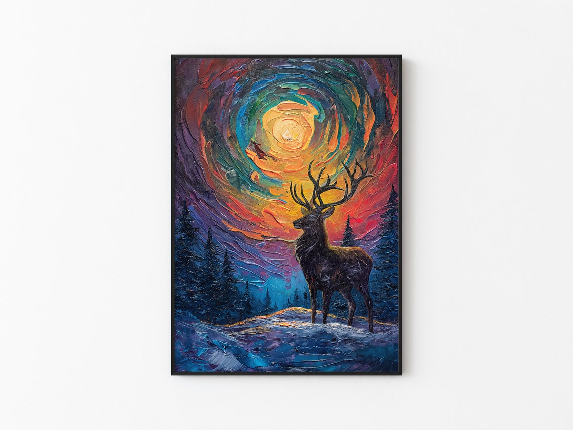 Deer Silhouette Under Spinning Aurora Vortex Snowy Pines Poster