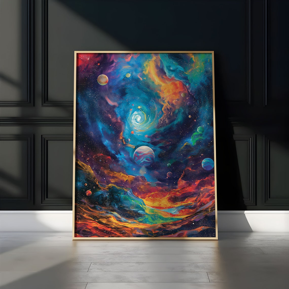 Rainbow Galaxy Whirlpool Planets Nebula Impasto Cosmic Art Poster - Image 3