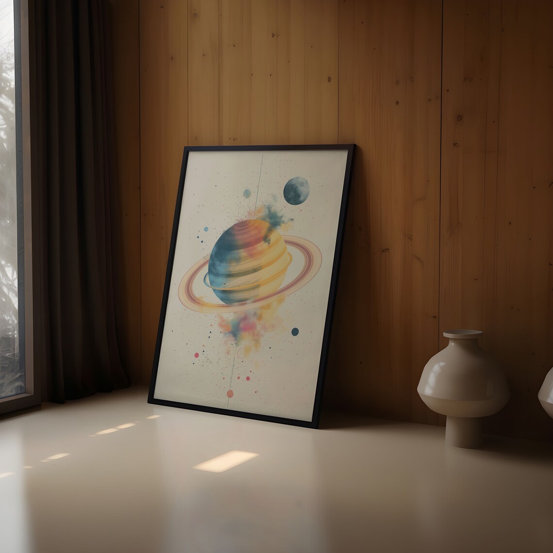 Rainbow Banded Saturn Planet Watercolor Splatter Beige Art Print - Image 2