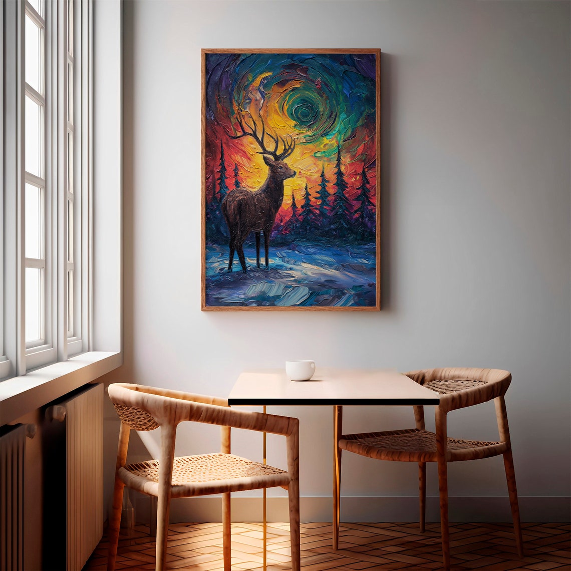 Majestic Stag Beneath Swirling Rainbow Aurora Winter Sky Poster - Image 3