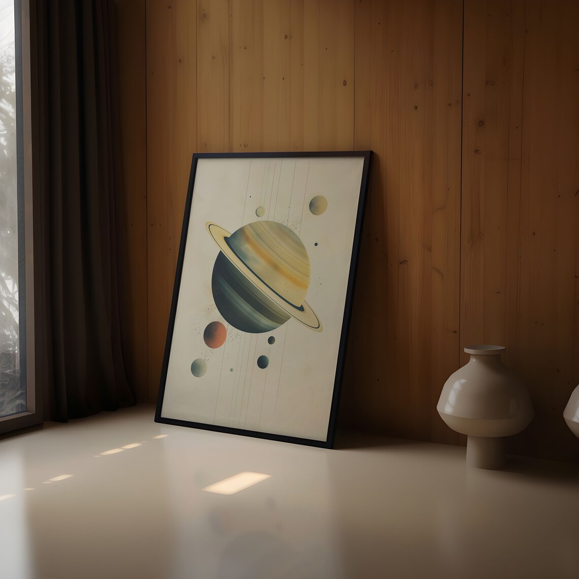 Tilted Gold Saturn Watercolor Planet Green Bands Orbital Dots Art Print - Image 2