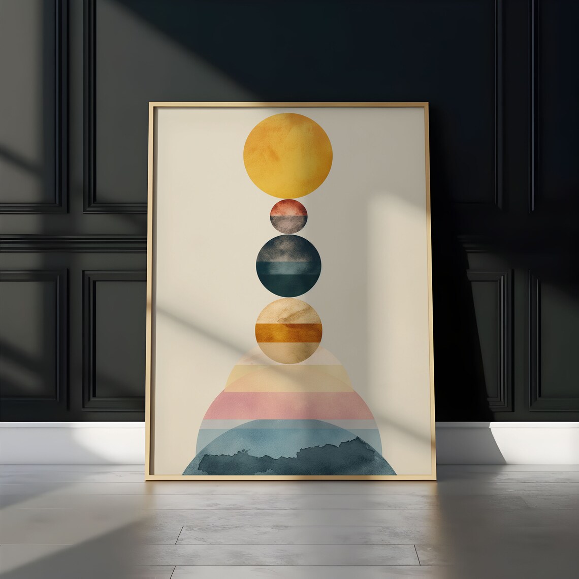 Watercolor Gold Sun Striped Sunset Arc Teal Planet Abstract Art Print - Image 3