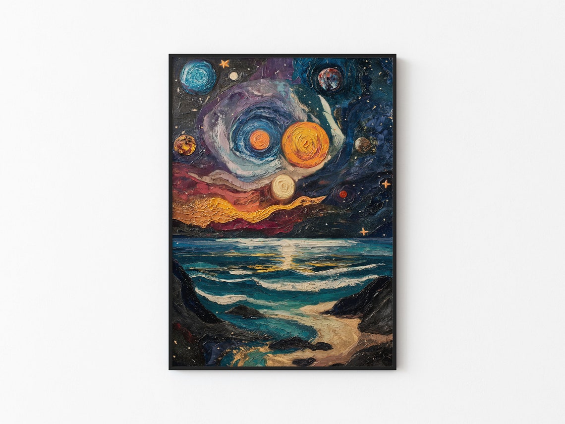 Starry Night Beach Twin Spiral Moons Impasto Coastal Art Poster