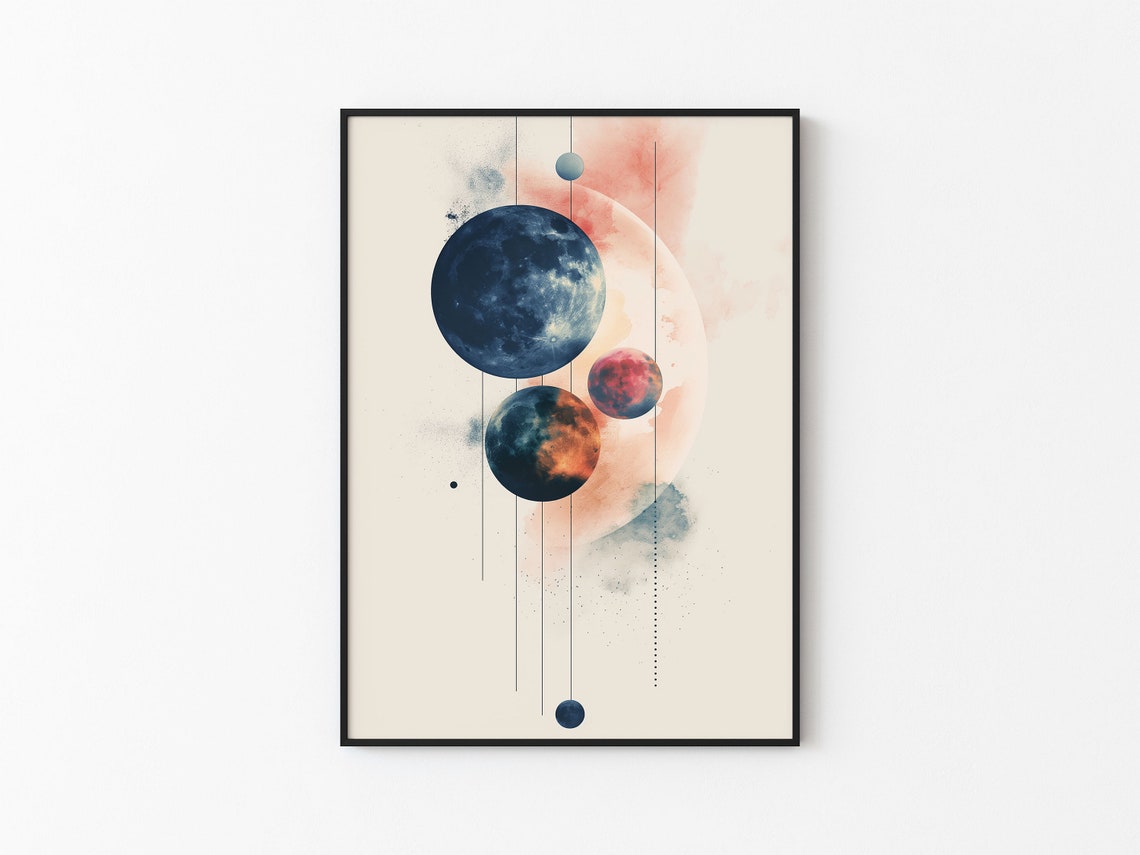 Navy Moon Peach Eclipse Watercolor Planetary Pair Abstract Art Print