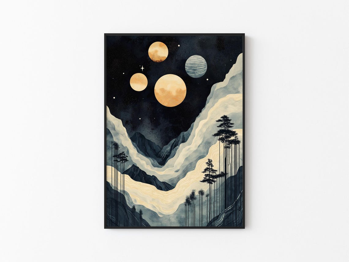 Four Planets Moonlit Valley Tall Pines Starry Night Landscape Poster - Image 3
