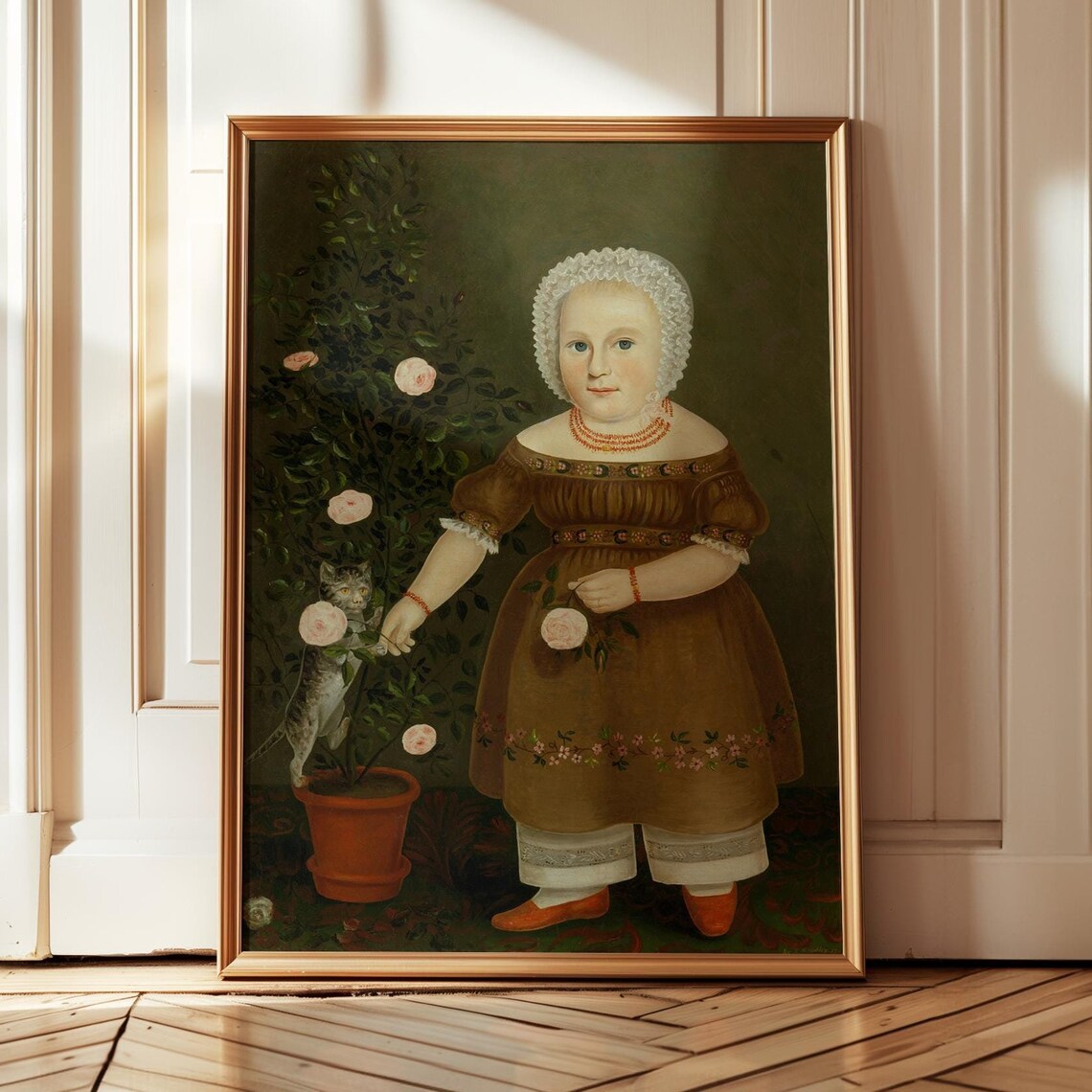 Naive Child Portrait With Cat And Blooming Rose Bush Painting Poster