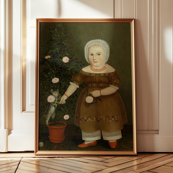 Naive Child Portrait With Cat And Blooming Rose Bush Painting Poster
