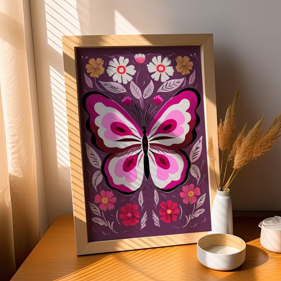 Whimsical Preppy Bloom Enchanting Pink Butterfly Amidst Blossoms Elegant Giclee Wall Art For Trendy Homes