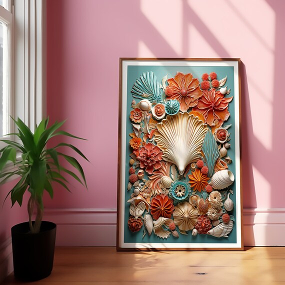 Coral Seashell Collage on Teal Coastal Beach House Art Print
