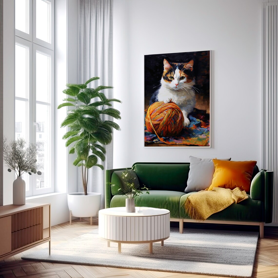 Playful Calico Kitten With a Ball of Yarn Funny Cat Art Poster - Image 2